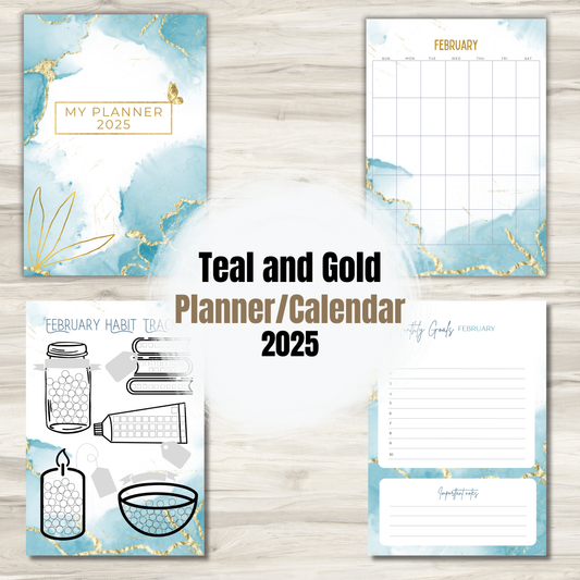 2025 Gold Marble Planner | Gold and Teal | Habit Tracker printable, Calendar pages, Savings pages, To-Do Lists