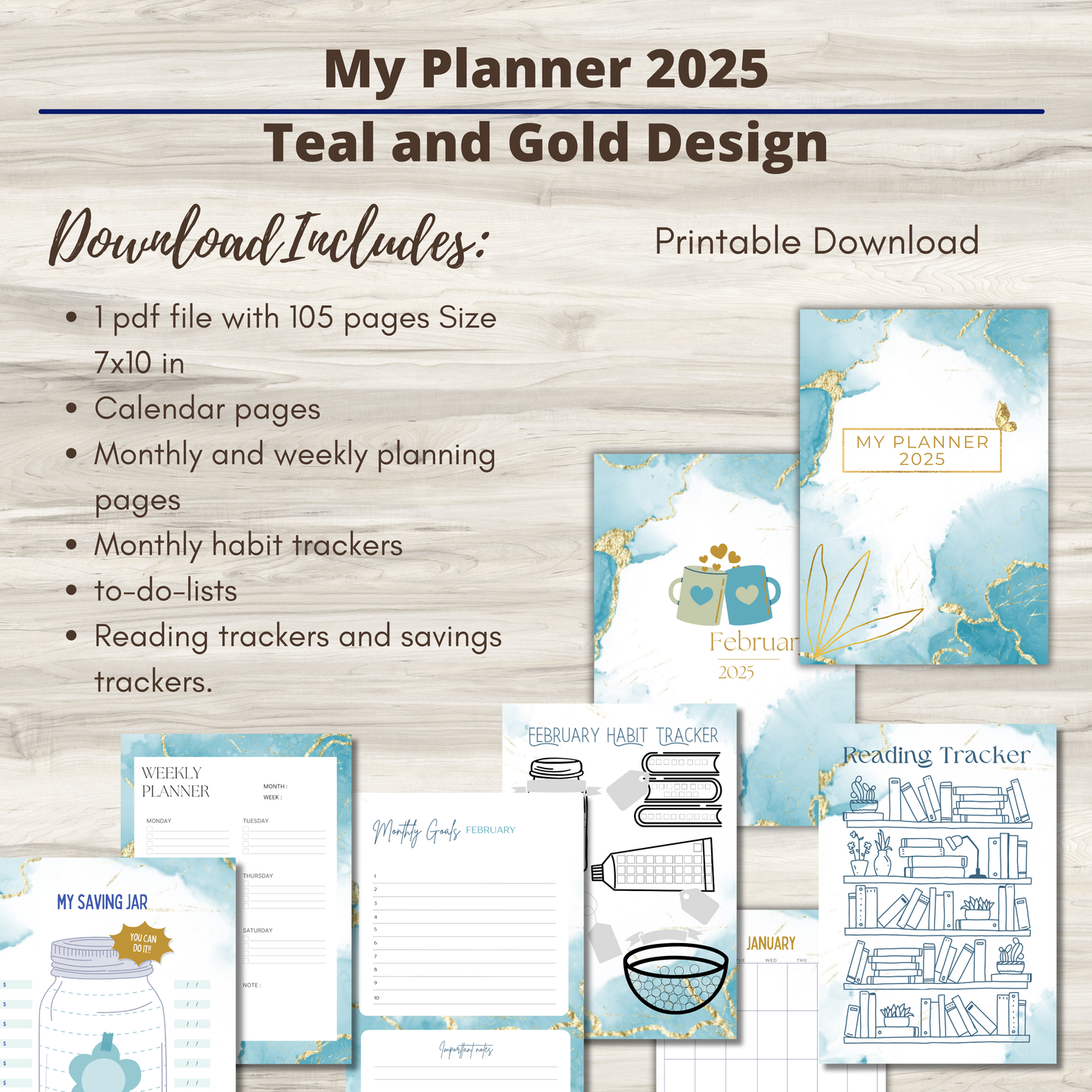 2025 Gold Marble Planner | Gold and Teal | Habit Tracker printable, Calendar pages, Savings pages, To-Do Lists