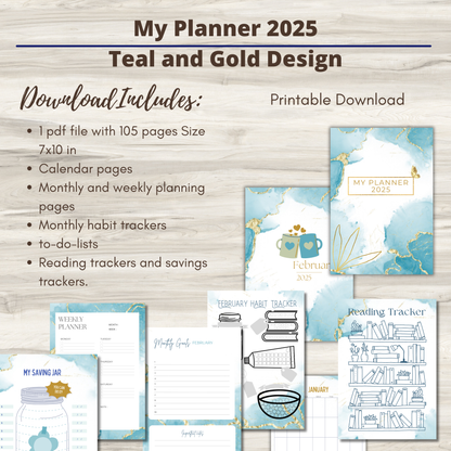 2025 Gold Marble Planner | Gold and Teal | Habit Tracker printable, Calendar pages, Savings pages, To-Do Lists