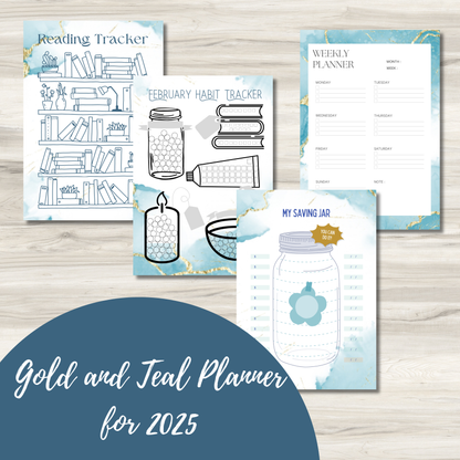 2025 Gold Marble Planner | Gold and Teal | Habit Tracker printable, Calendar pages, Savings pages, To-Do Lists