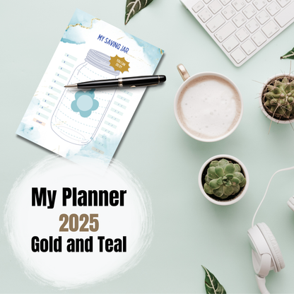 2025 Gold Marble Planner | Gold and Teal | Habit Tracker printable, Calendar pages, Savings pages, To-Do Lists
