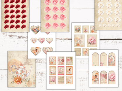 200+ Piece Shabby Chic Floral Teapot Junk Journal/Scrapbook Kit - Tea Journal - Printable Pages | Digital Download