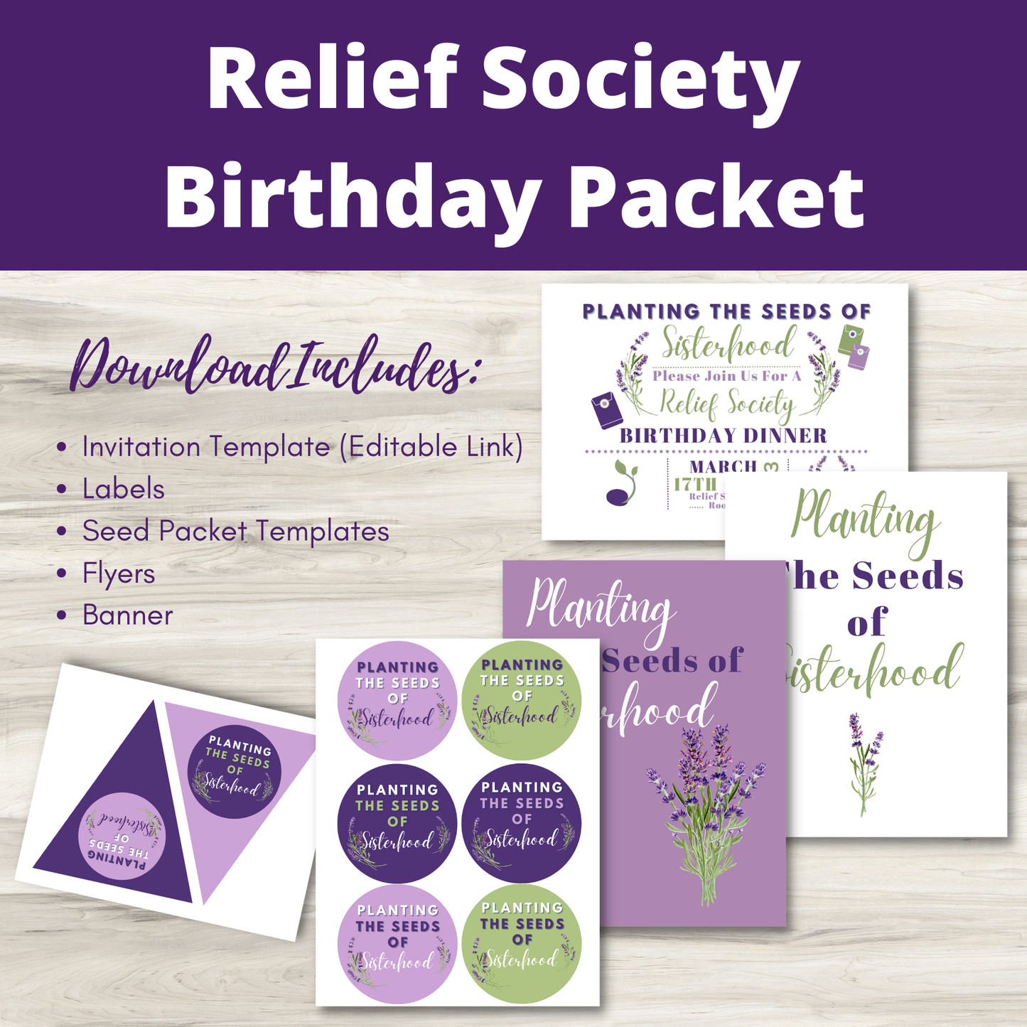 Relief Society Birthday Invite Packet | Customizable & Instant Download | Lavender