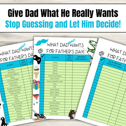 Father's Day Activity/Gift Sheet | What Dad Really Wants for Father's Day | Gift for Dad | For Dad
