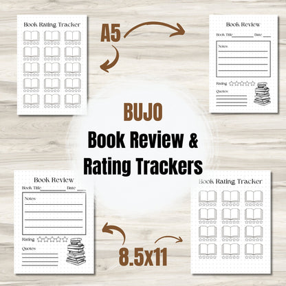 BUJO Book Review and Rating Trackers | Reading Bullet Journal Pages | A5 and 8.5x11